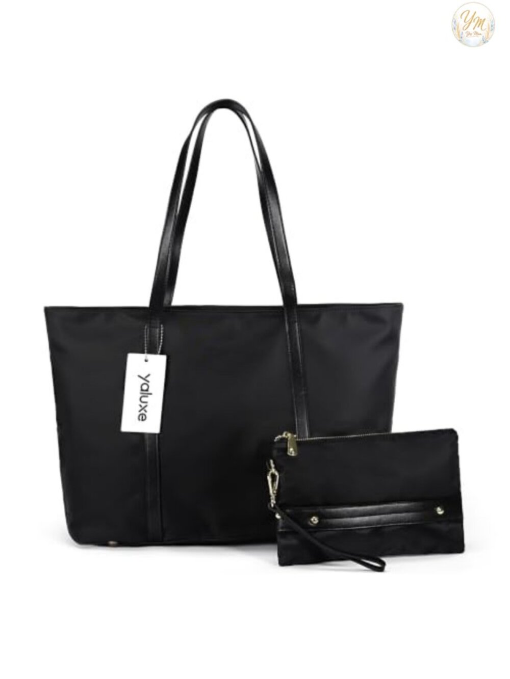 Nylon Tote Bag with Genuine Leather Handles, Fits 15.6" Laptop, Work Travel
